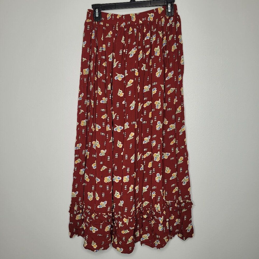 Vintage 90s red boho praire cottagecore maxi pull on tradewife tiered skirt 8